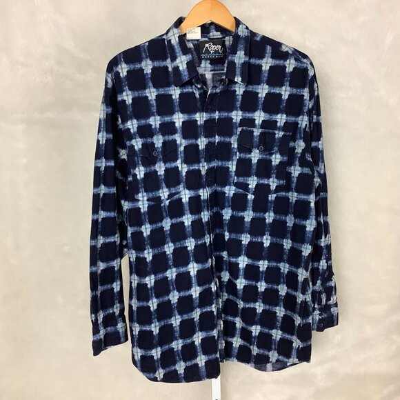 Vintage 90s Roper Rodeo Blue Long Sleeve Tie Dye Check Western Shirt XL - Picture 1 of 4